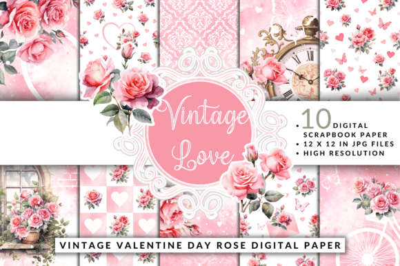 Download Vintage Valentine Day Rose Digital Paper - Valentine Collection