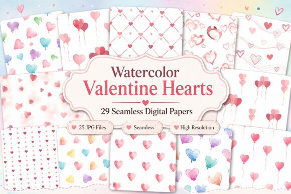 Download Watercolor Valentine Hearts Digital Pape - Valentine Collection