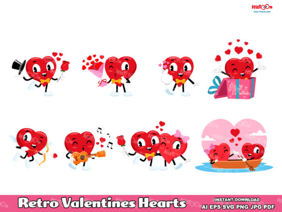 Download Retro Valentines Hearts Flat Clip Art - Valentine Collection