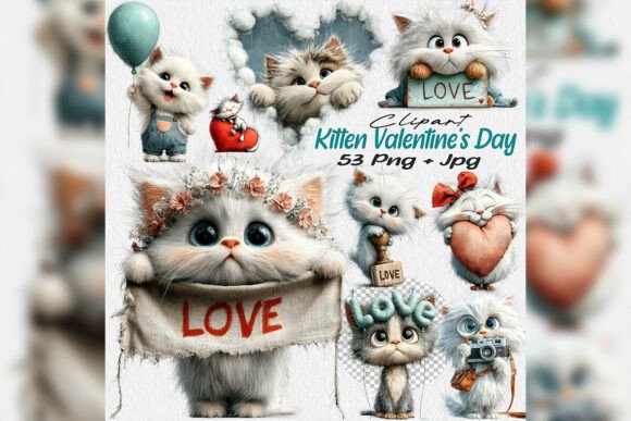 Download Whimsical White Kitten Valentine Clipart - Valentine Collection