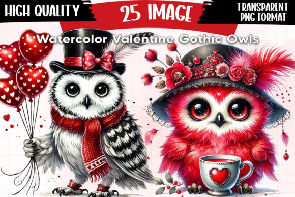 Download Watercolor Valentine Gothic Owls Clipart - Valentine Collection