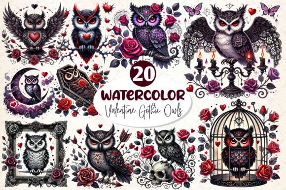 Download Watercolor Valentine Gothic Owls Clipart - Valentine Collection