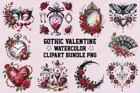 Download Gothic Valentine Watercolor Clipart Bund - Valentine Collection