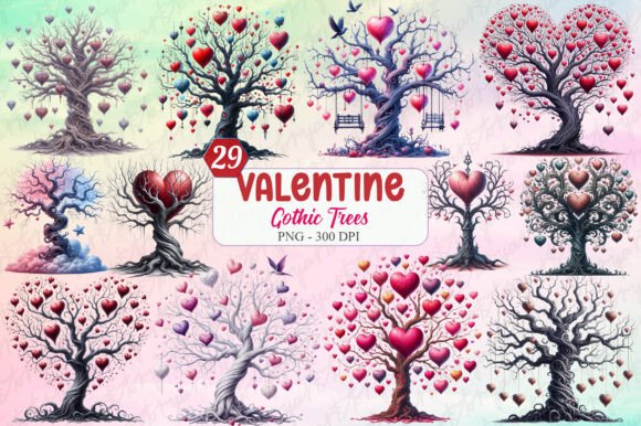 Download Watercolor Valentine Gothic Trees - Valentine Collection