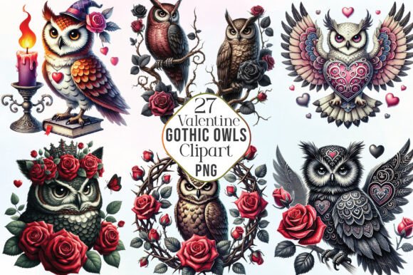 Download Watercolor Valentine Gothic Owls Clipart - Valentine Collection