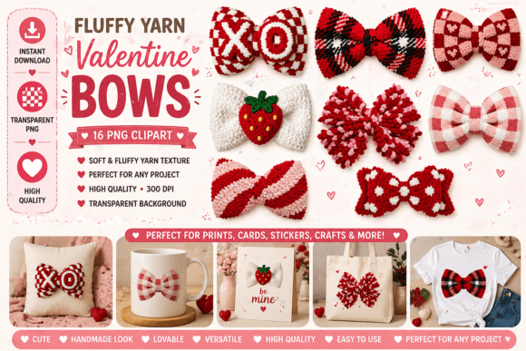 Download Fluffy Yarn Valentine Bows | 16 Cozy PNG - Valentine Collection