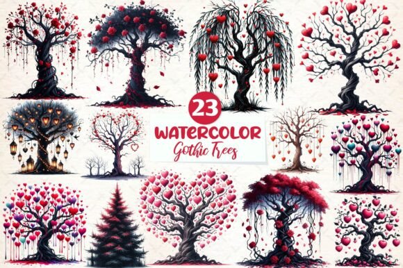 Download Watercolor Valentine Gothic Trees - Valentine Collection
