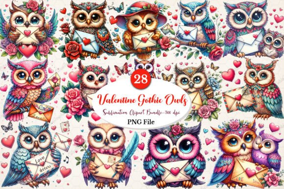 Download Watercolor Valentine Gothic Owls Clipart - Valentine Collection