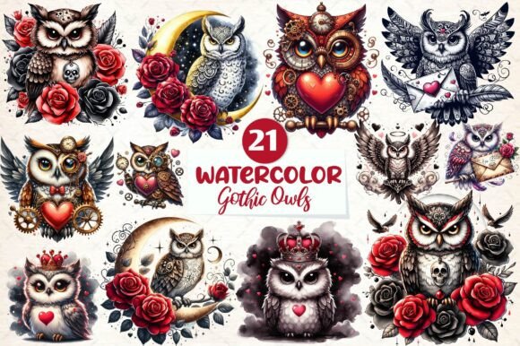 Download Watercolor Valentine Gothic Owls Clipart - Valentine Collection
