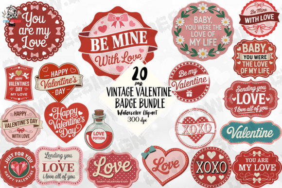 Download Vintage Valentine Badge Bundle PNG - Valentine Collection