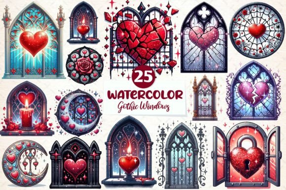 Download Watercolor Valentine Gothic Windows - Valentine Collection