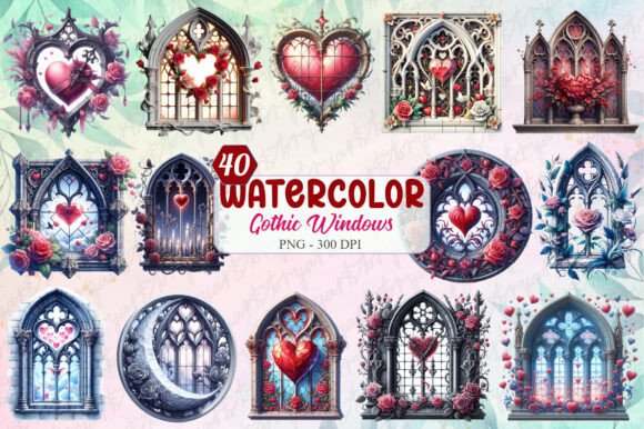 Download Watercolor Valentine Gothic Windows - Valentine Collection