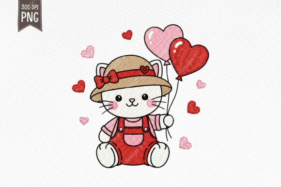 Download Cute Valentine Cat Embroidery Style PNG - Valentine Collection