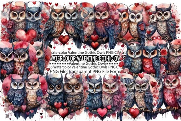 Download Watercolor Valentine Gothic Owls PNG - Valentine Collection